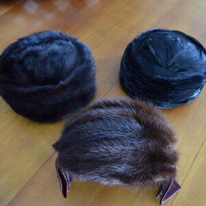 Vintage Mink Pill Box Hat, Mink Headband Hat and Feather Pill Box Hat - set of 3